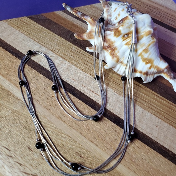 Liquid Silver Onyx Beads Necklace Sterling 18" - Picture 7 of 16